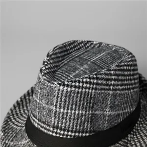 Classic houndstooth wool fedora hat for men with black grosgrain ribbon detail