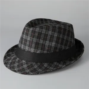 Detailed close-up of the grey plaid wool blend fedora hat with a black ribbon band