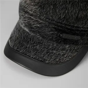 Men's winter thermal flat top baseball cap with ear flaps and warm faux fur texture