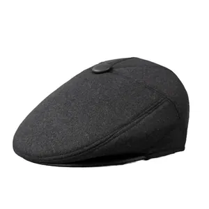 Classic charcoal grey wool blend flat cap for elderly men with warm ear protection feature