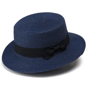 Sombrero de paja azul marino con copa plana y lazo negro para mujer y niñas