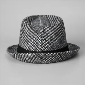 Classic houndstooth wool fedora hat with black ribbon band for men's winter fashion