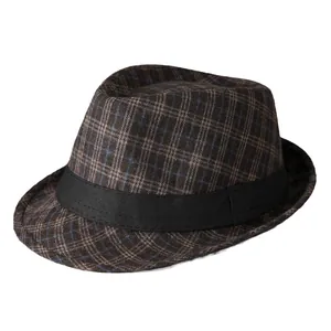 Classic men's brown plaid jazz fedora hat with black ribbon band for autumn winter