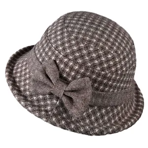 Retro houndstooth wool bucket hat for elderly women with bow detail and warm brim
