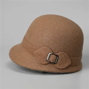 Elegant wool felt cloche hat for elderly women with camel bow and crystal buckle