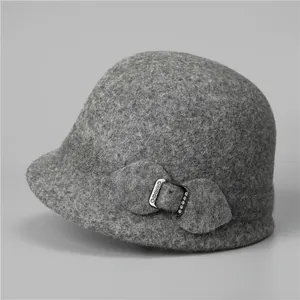 Elegant dark grey wool cloche hat for elderly women with rhinestone bow decoration