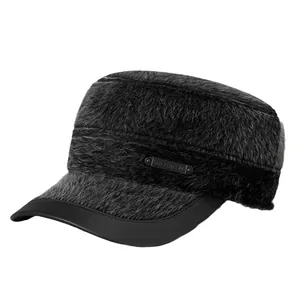 Men's winter warm flat top army cap with ear protection and grey plush texture