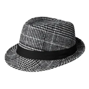 Classic British style black and white plaid wool fedora hat with a black band for men