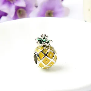 DIY pineapple charm bead with yellow enamel and green leaves for European style bracelets