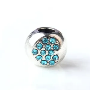 Perle ronde argentée creuse avec strass bleus brillants pour bracelets personnalisés DIY
