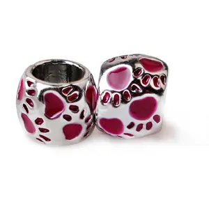Perles vintage en argent avec empreintes de pattes en émail rose pour bijoux DIY