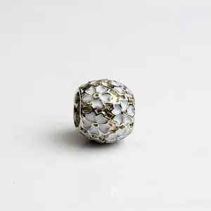 Silver bead charm with white enamel flower pattern for DIY bracelet jewelry