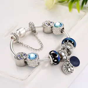 S925 silver beaded bracelet with blue star moon charms and galaxy glass beads