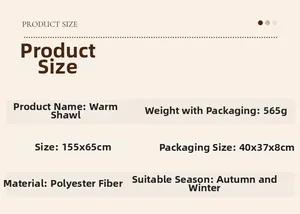 Size chart and specifications for warm faux fur shawl, measuring 155x65cm and 565g weight