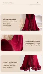 Detailed close-up showing soft wine red faux fur collar and premium knit shawl fabric
