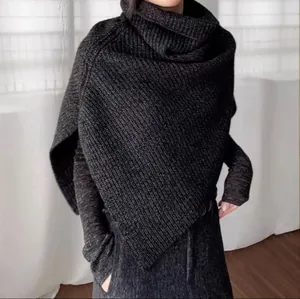 Dark charcoal high-neck chunky knit poncho shawl for women in warm winter style