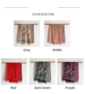 Châles ethniques à motifs paisley avec franges en gris, kaki, rouge, vert foncé et violet