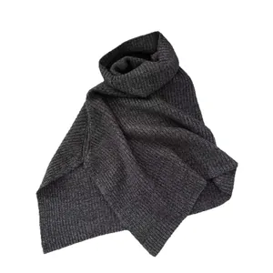 Dark grey ribbed knit poncho scarf featuring a high neck and elegant split hem design