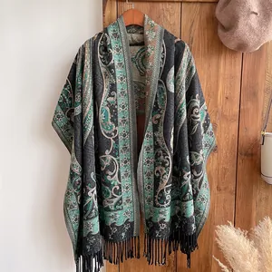 Poncho bohème à motif paisley avec franges noires pour femme, style automne et hiver