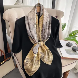 Luxurious tiger and floral print silk scarf in ginger yellow, white and black colors