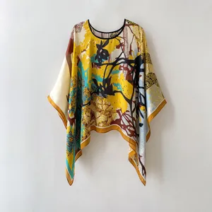 Châle poncho en soie synthétique imprimé forêt avec ourlet irrégulier pour femme