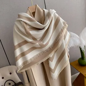 Cashmere feel striped scarf shawl with tassels for women winter thick warm cape