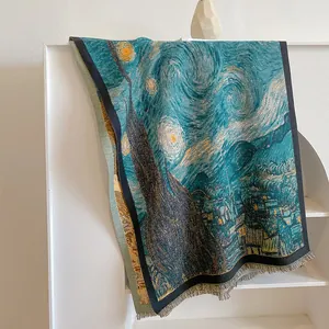 Vintage Künstlerische Ölgemälde Stil Kaschmir Imitat Schultertuch Großer Warmer Schal Mit Quasten Für Herbst Winter Reisen Damen Pashmina