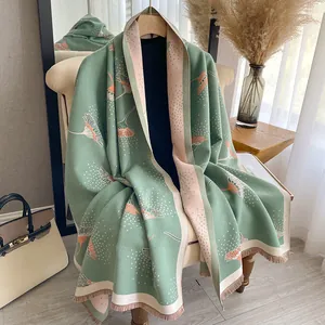 Women Faux Cashmere Scarf Thickened Dandelion Pattern Color Block Shawl With Tassel Fringe Warm Winter Wrap Scarf