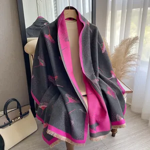 Thick grey and rose red cashmere-feel scarf with flower patterns and tassels