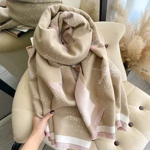 Thick cashmere-like scarf with dandelion pattern and tassel edges in soft beige