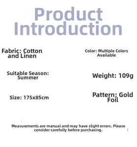 Detailed specifications of the summer cotton linen scarf featuring a gold stamped floral pattern