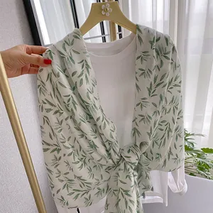 Women's Pastoral Cotton Linen Scarf With Elegant Bamboo Leaf Plant Floral Print Sun Protection Tassel Shawl Wrap For Summer Beach