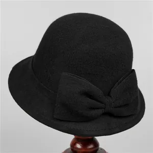 Hepburn Style Vintage Woolen Cloche Hat Women Elegant Bow Bucket Hat Autumn Winter Warm Formal Dress Hat Accessories