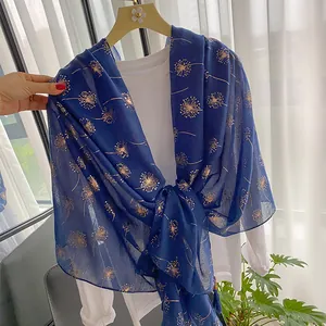 Women Elegant Cotton Linen Scarf Gold Foil Dandelion Pattern Long Shawl Sun Protection Breathable Floral Scarf With Tassel Beads