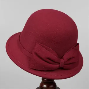 Elegant wine red wool bucket hat with a bow, vintage Hepburn style cloche hat for women