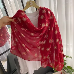 Red cotton linen scarf with gold dandelion patterns and tassels for sun protection