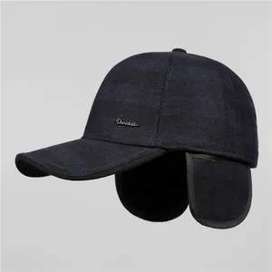 Casquette de Baseball d'Hiver pour Hommes Âgés Protection Chaude des Oreilles Tissu de Laine Plaid Réglable Coupe-vent Mode Décontractée Cadeau Papa