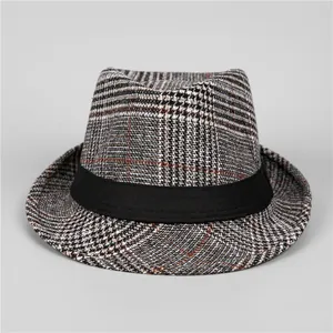 Classic British style men's wool fedora hat with elegant grey plaid pattern and black band