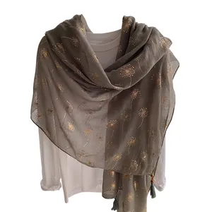 Taupe cotton linen summer scarf with gold dandelion foil print and fringe tassels