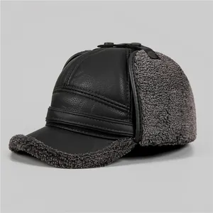 Winter thermal earflap hat in black PU leather and grey sherpa lining for older men