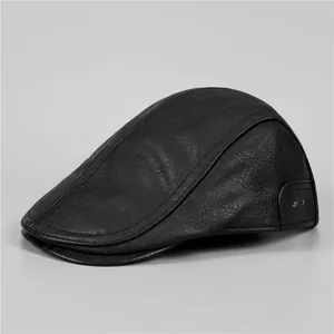 Classic black leather flat cap for men with warm ear flaps and pebbled texture finish