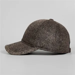 Classic herringbone wool baseball cap for men with ear flaps and thick warm lining