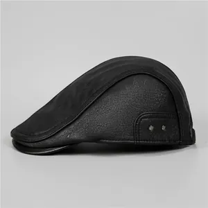 Men's black faux leather ivy cap with ear flaps, classic newsboy style for winter