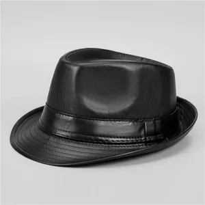 Men PU Leather Fedora Hat Vintage Wide Brim Gentleman Jazz Cap Warm Windproof Autumn Winter Hat For Middle-Aged Elderly