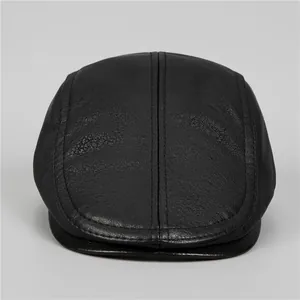 Classic black leather flat cap for men with textured finish and ear protection features