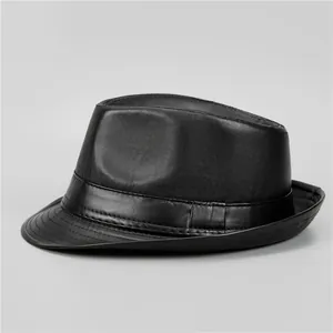 Classic black leather fedora hat for men featuring a textured finish and stylish hatband