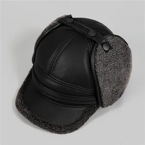 Men's winter trapper hat with black faux leather and warm grey fleece ear flaps