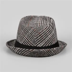 Classic men's plaid fedora hat with black decorative band for autumn and winter