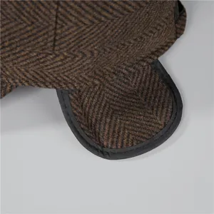 Winter men's brown herringbone flat cap with thickened ear flaps and warm plush lining
