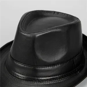 Classic black leather fedora hat for men with premium stitching and elegant texture